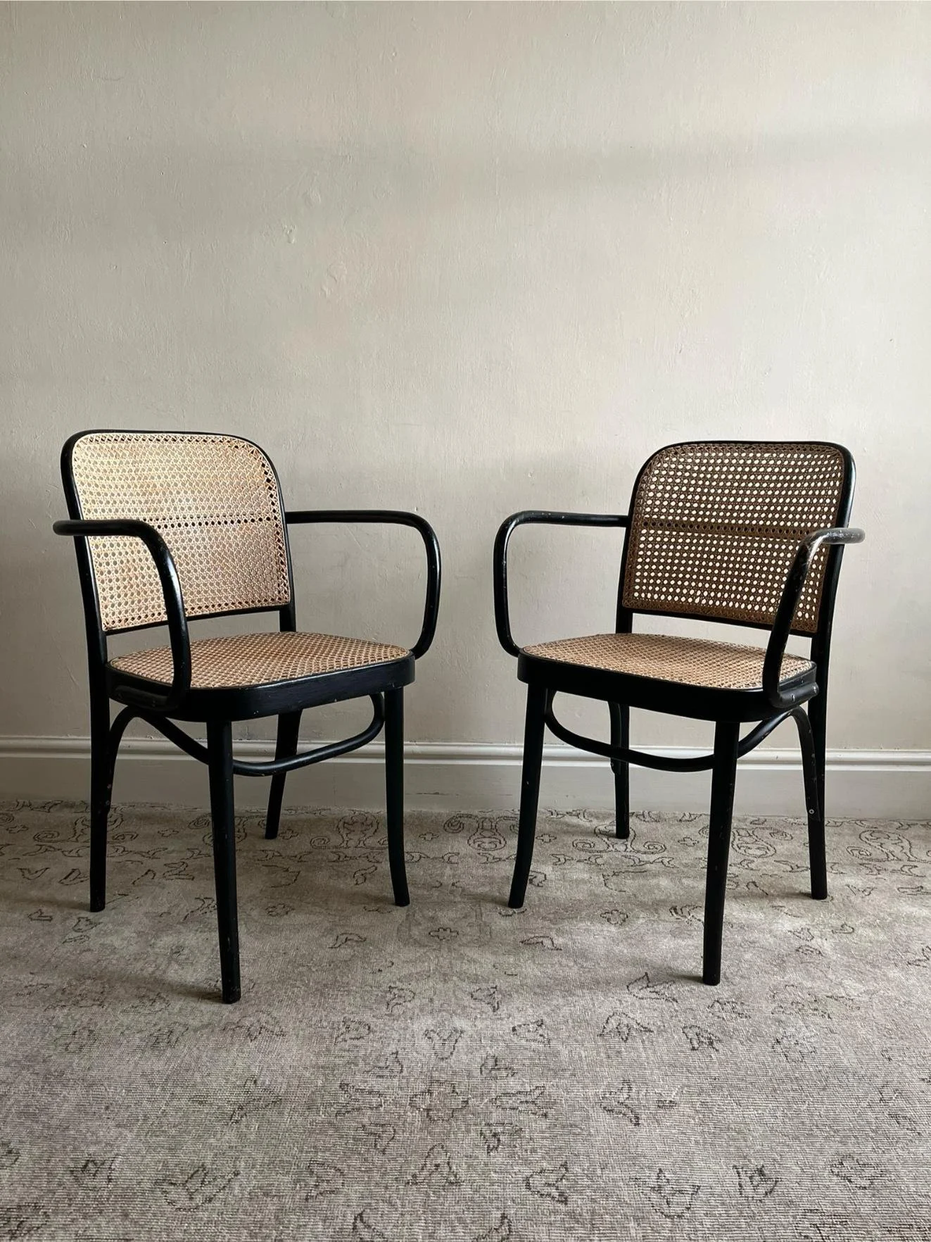 Pair of Vintage 811 Thonet Bentwood Chairs In Black — Bureau Pair of Vintage 811 Thonet Bentwood Chairs In Black — Bureau